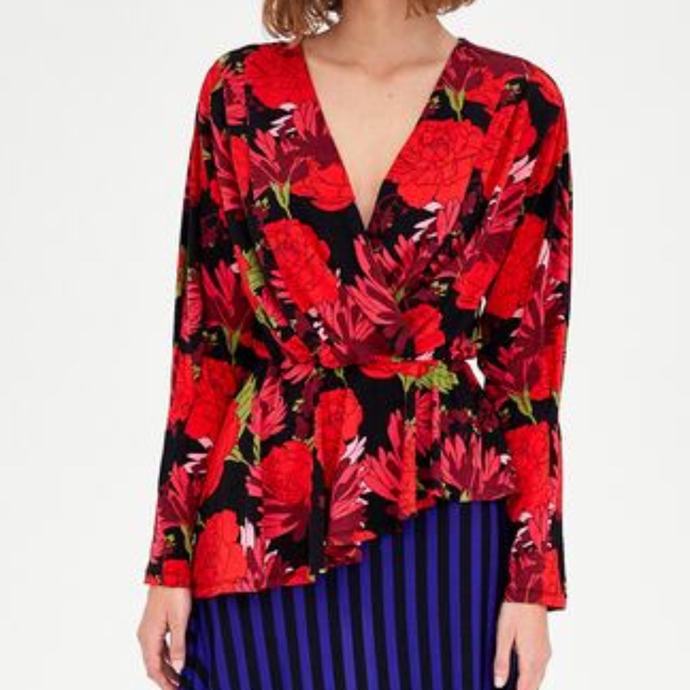 Zara Red Floral Print Top